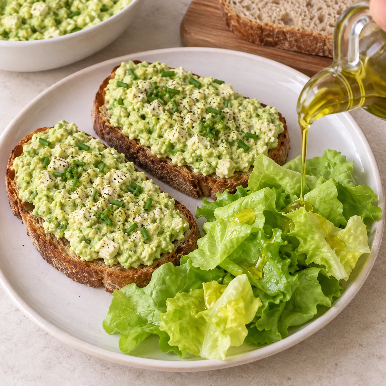 Une petite quantité d’huile d’olive versée d’un récipient neutre sur la salade à côté des tartines.