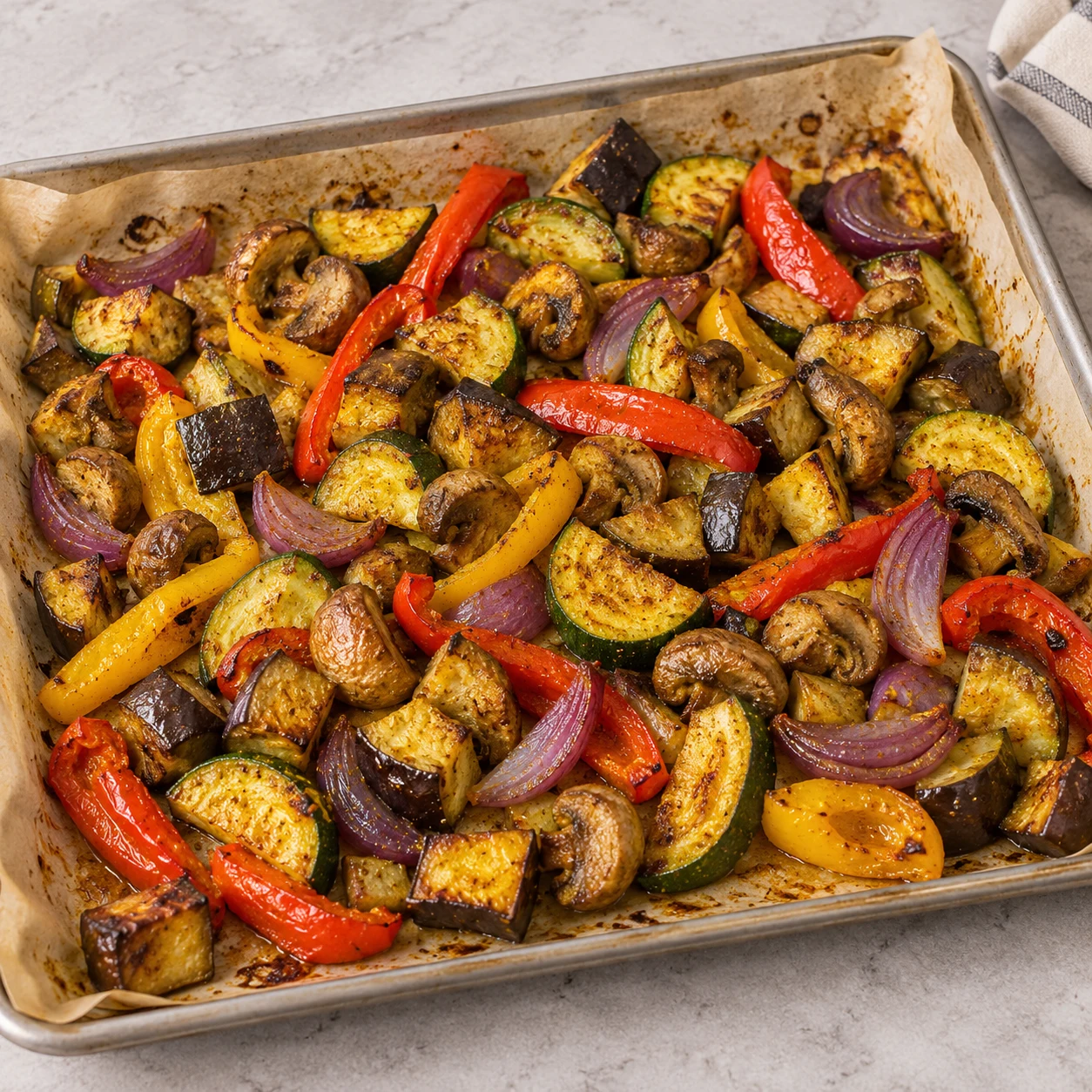 Plaque de légumes rôtis et dorés au curry sur papier cuisson : oignon rouge, champignons, aubergine, poivrons et courgette fondants, posée sur le plan de travail.