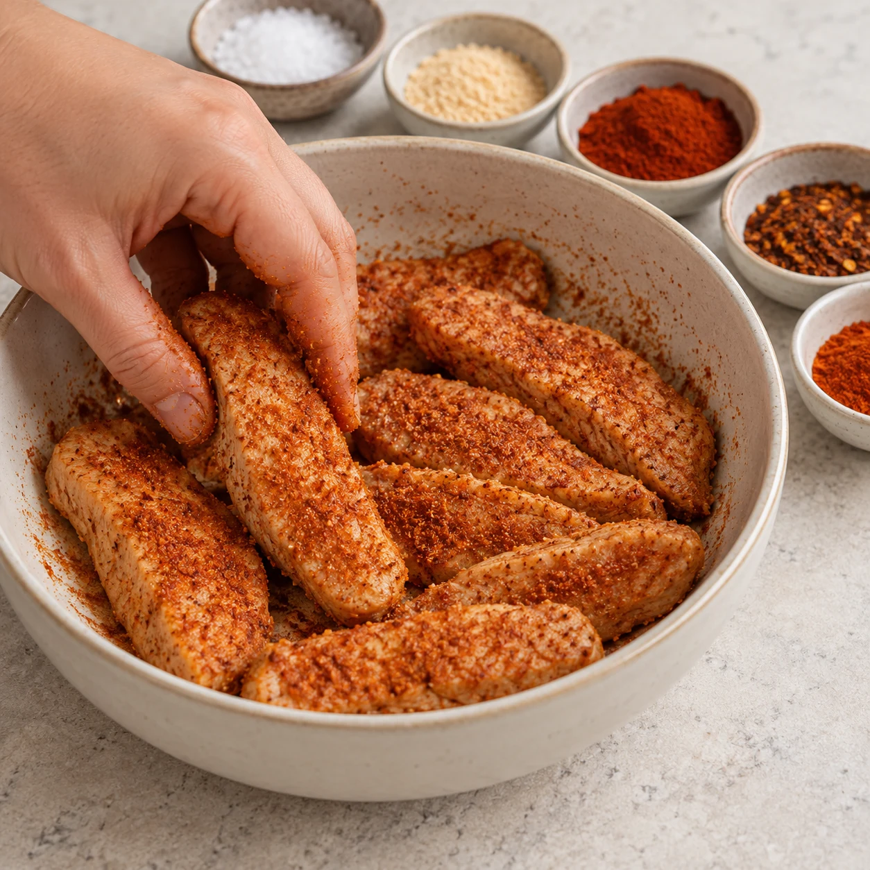 Dans un bol, enrobez les bâtonnets de sel, ail en poudre, paprika, mélange chili et piment doux, selon votre goût. Une seule phase de préparation. Gros plan carré sur les aliments et le geste ; mains adultes anonymes uniquement si nécessaire.