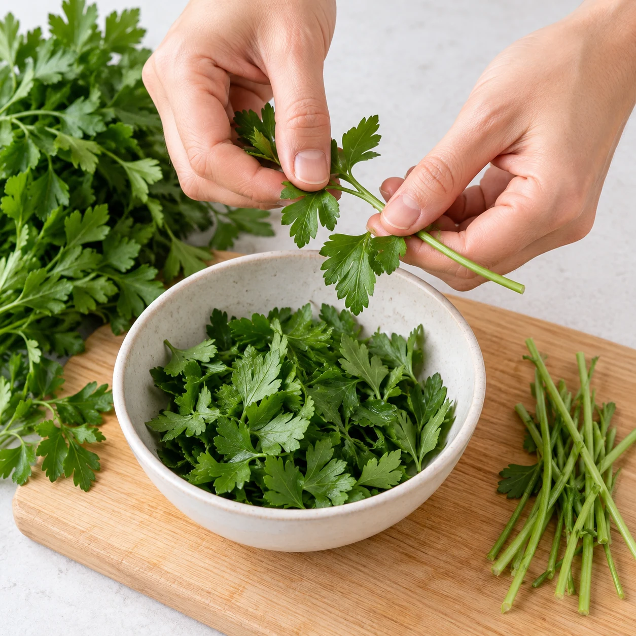 Feuilles de persil frais prêtes à mixer, mains anonymes retirant les grosses tiges.
