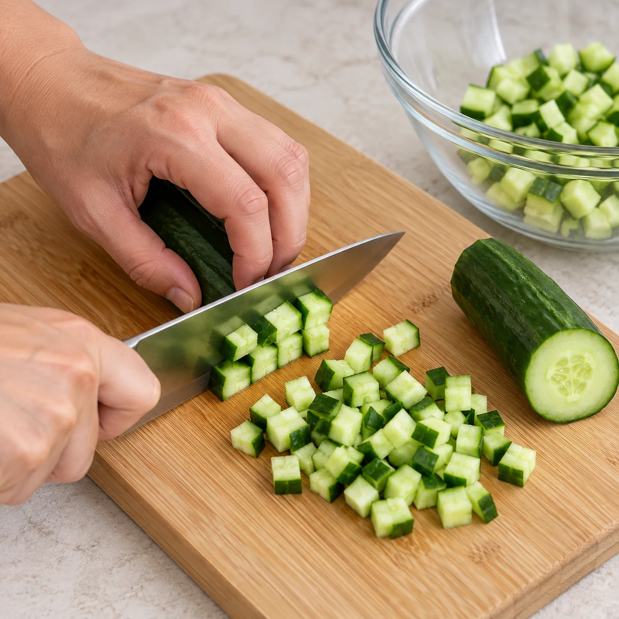 Coupez le demi-concombre en petits dés en conservant sa peau, comme les morceaux versés dans le saladier.