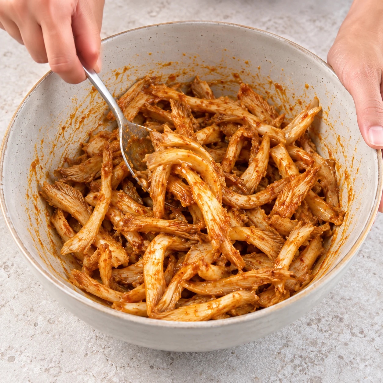 Enrober les pleurotes : Toutes les lanières sont couvertes de marinade orangée.
