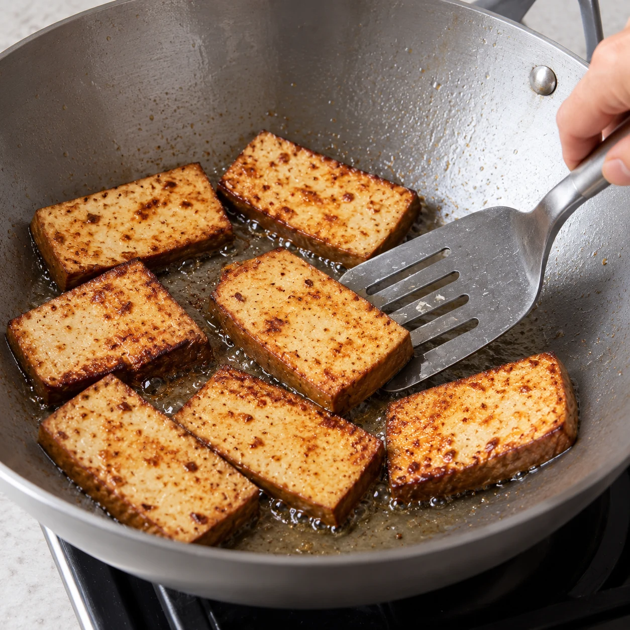 Faites griller les tranches de tofu dans une poêle à bords hauts ou un wok avec 1 càs d’huile de tournesol, jusqu’à ce qu’elles soient bien dorées.