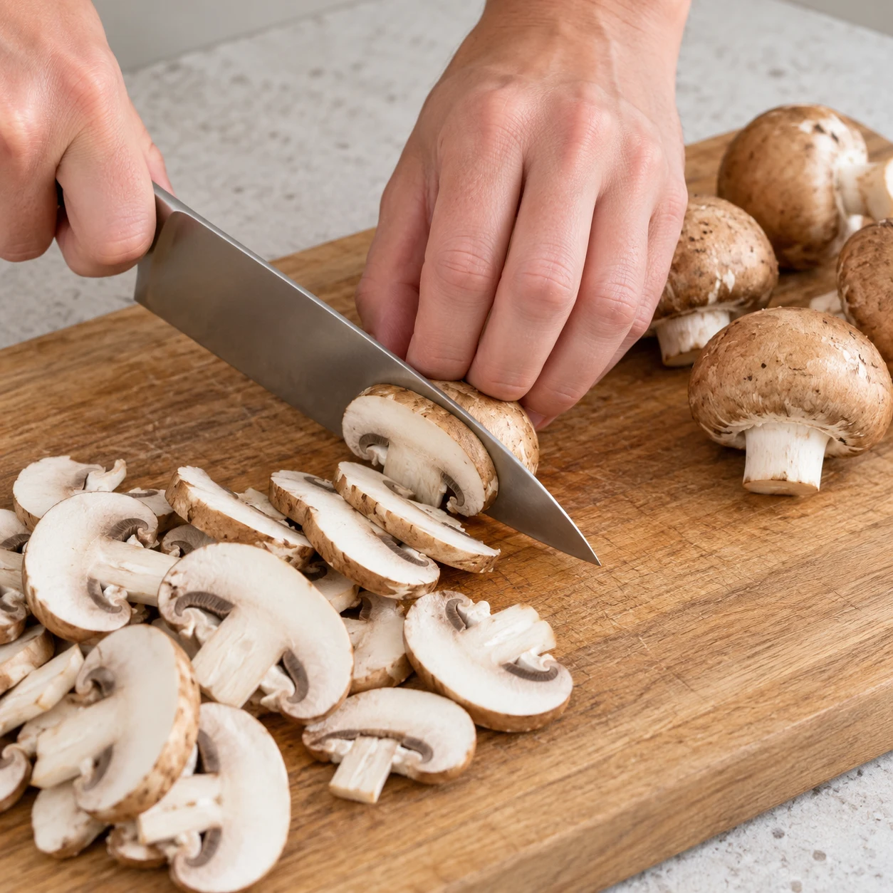 Main anonyme tenant un champignon en griffe, couteau le coupant en lamelles sur une planche.