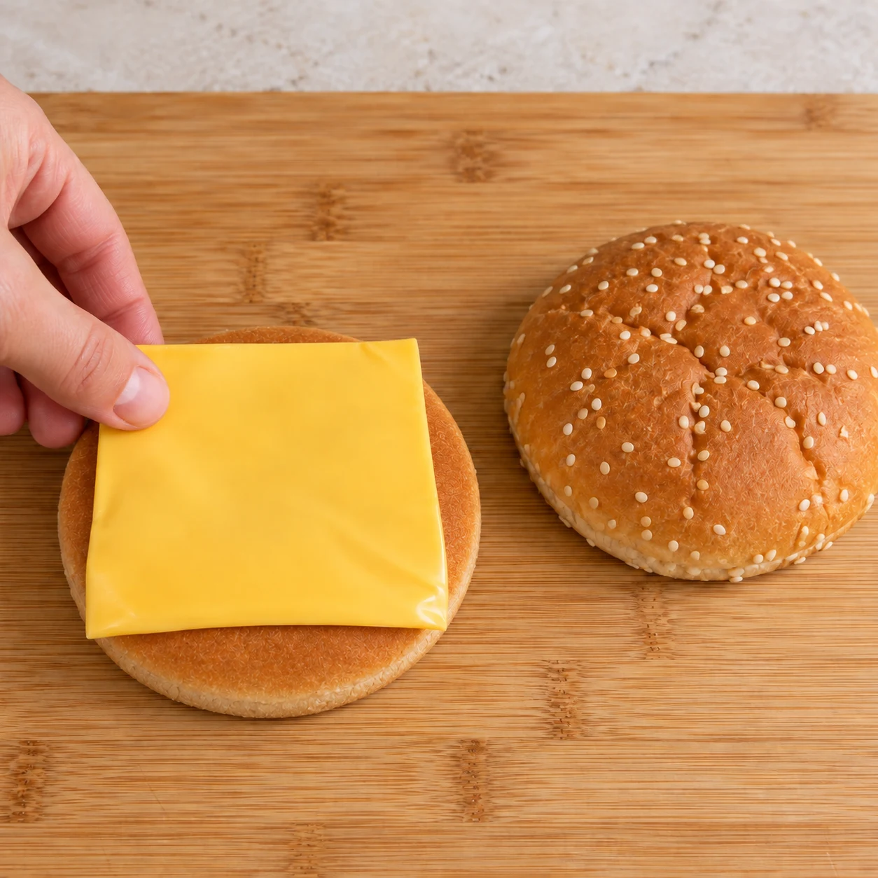 Une tranche végétale jaune carrée sur la croûte du demi-pain inférieur, sa mie contre la planche. La seconde moitié du pain attend à côté.