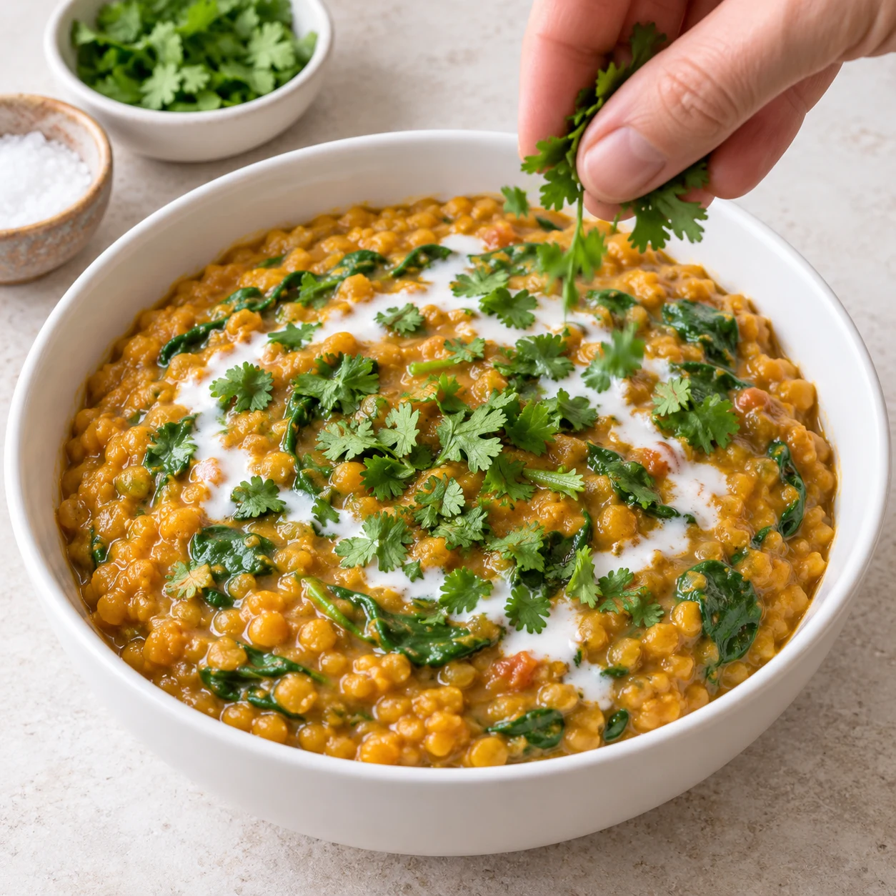 Bol blanc de dhal épais orange aux épinards, coriandre fraîche et petit trait lait coco, sans pain ni riz.