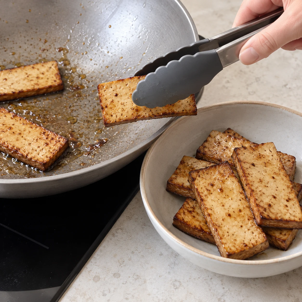 Retirez les tranches de tofu de la poêle et réservez-les.