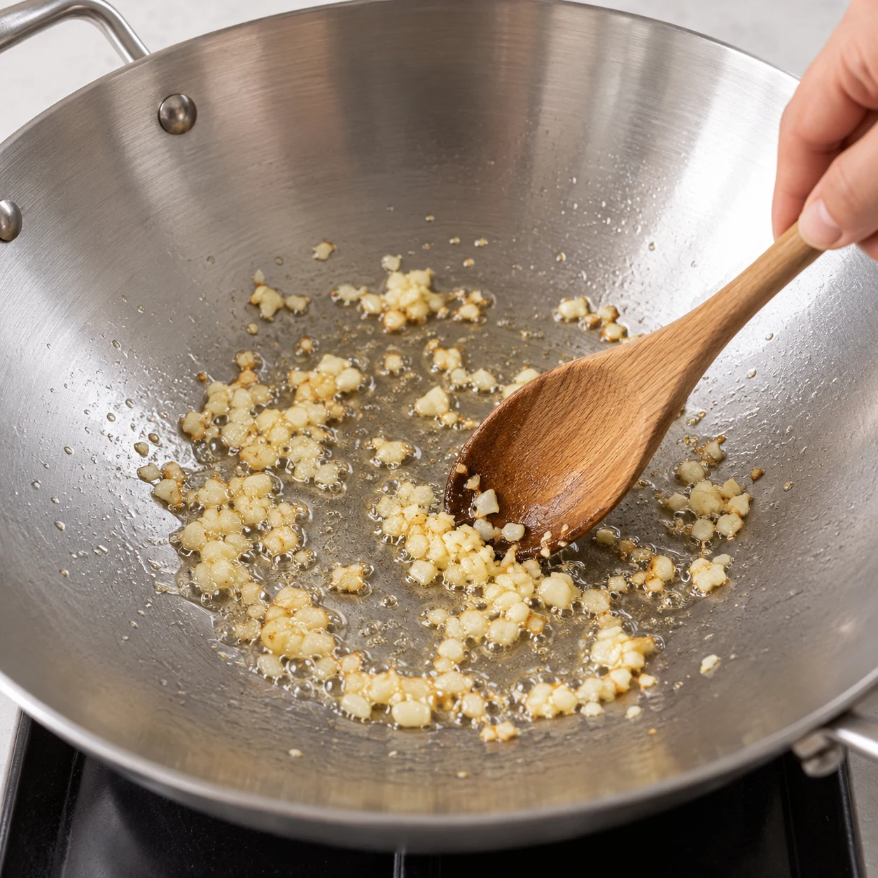 Cuillère en bois remuant de petits morceaux d’ail dans un fond d’huile dans un wok.