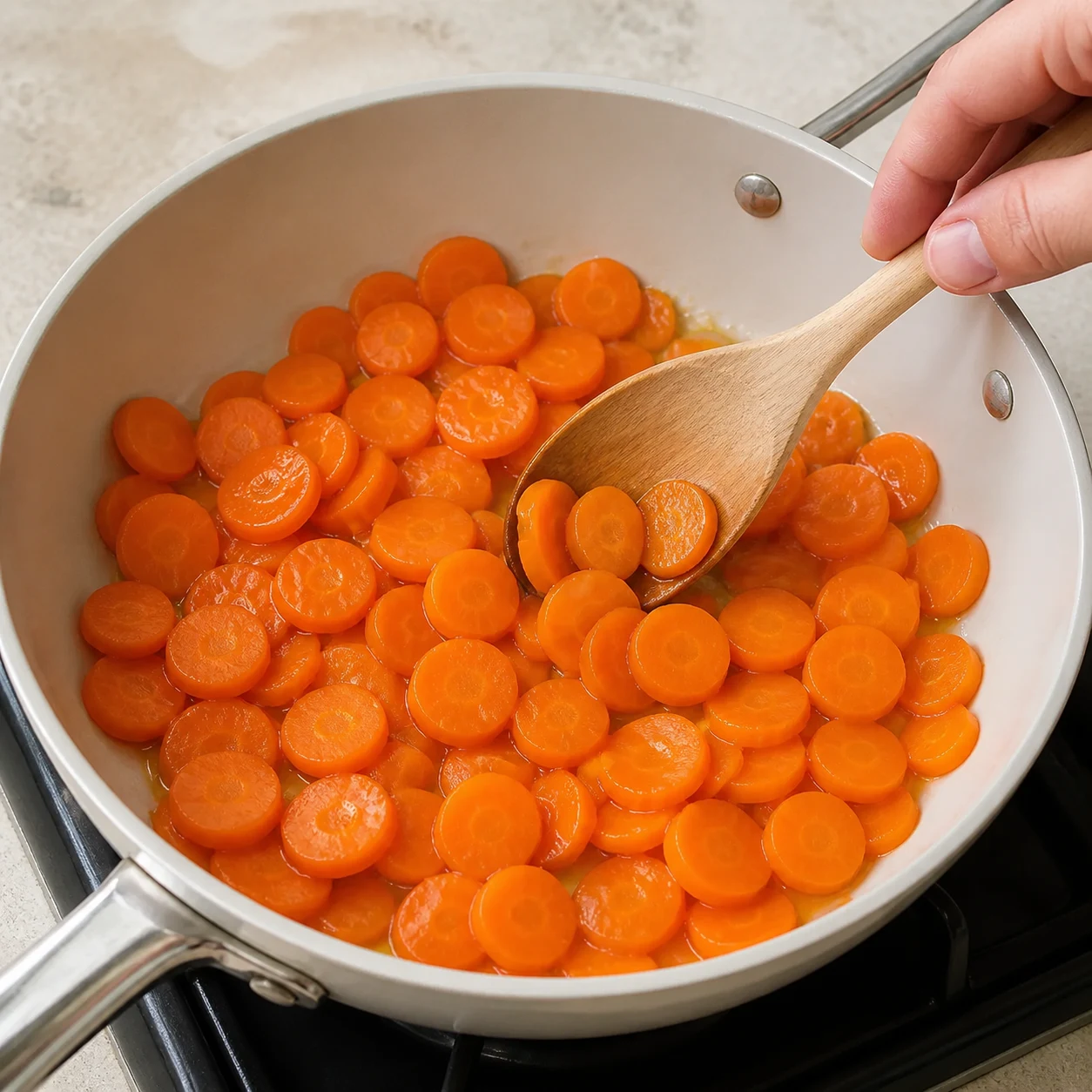 Rondelles de carottes tendres dans une casserole, eau presque évaporée et jus clair brillant autour des légumes.