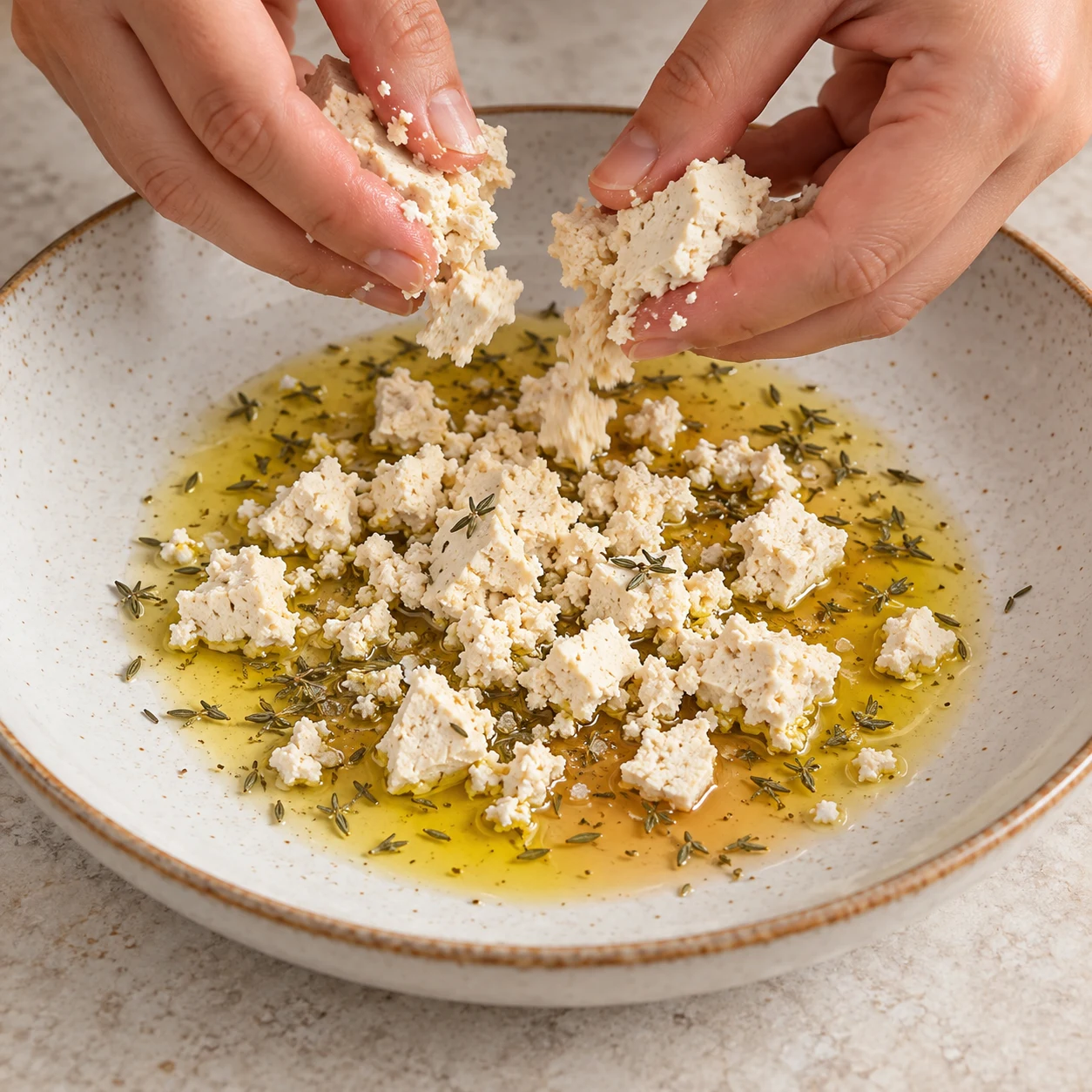 Mains anonymes émiettant du tofu nature froid dans la sauce huile-vinaigre-thym.