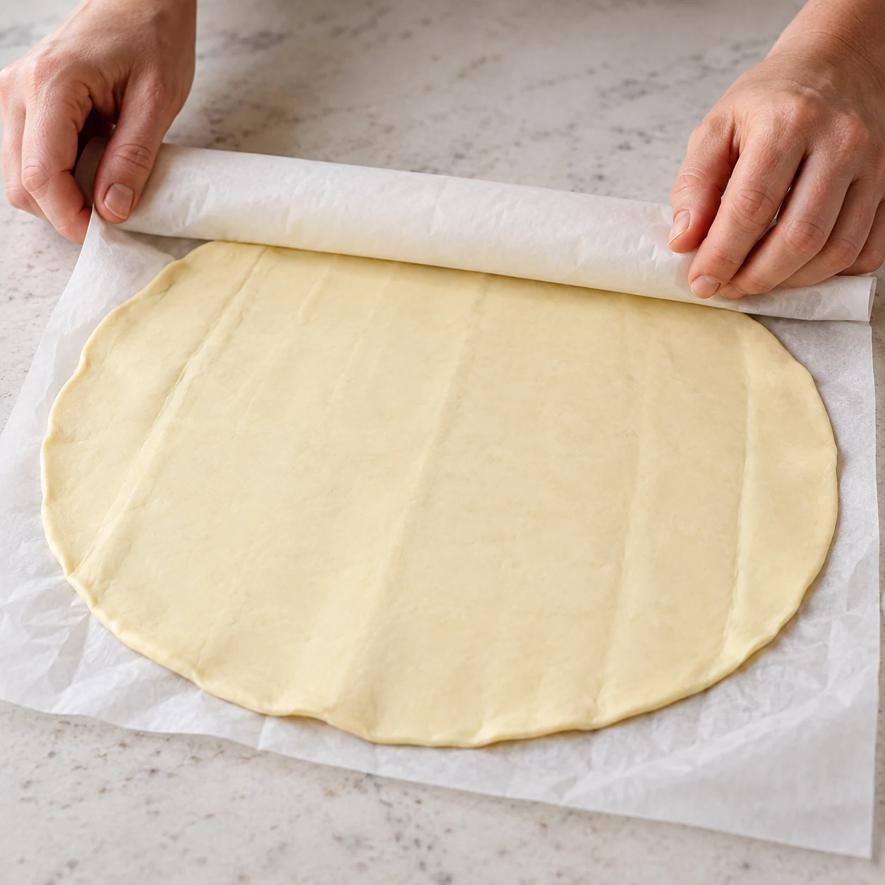 Pâte feuilletée végétale crue déroulée, sans farce encore ajoutée.