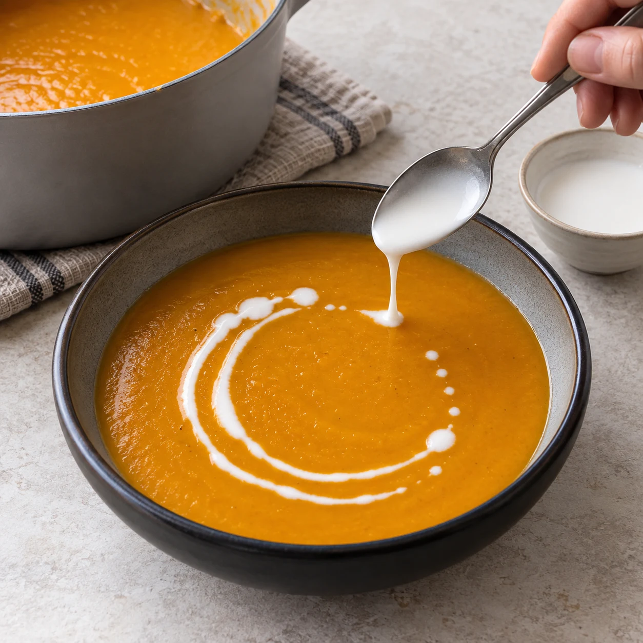 Assiette creuse de soupe orange avec un filet blanc de lait de coco.