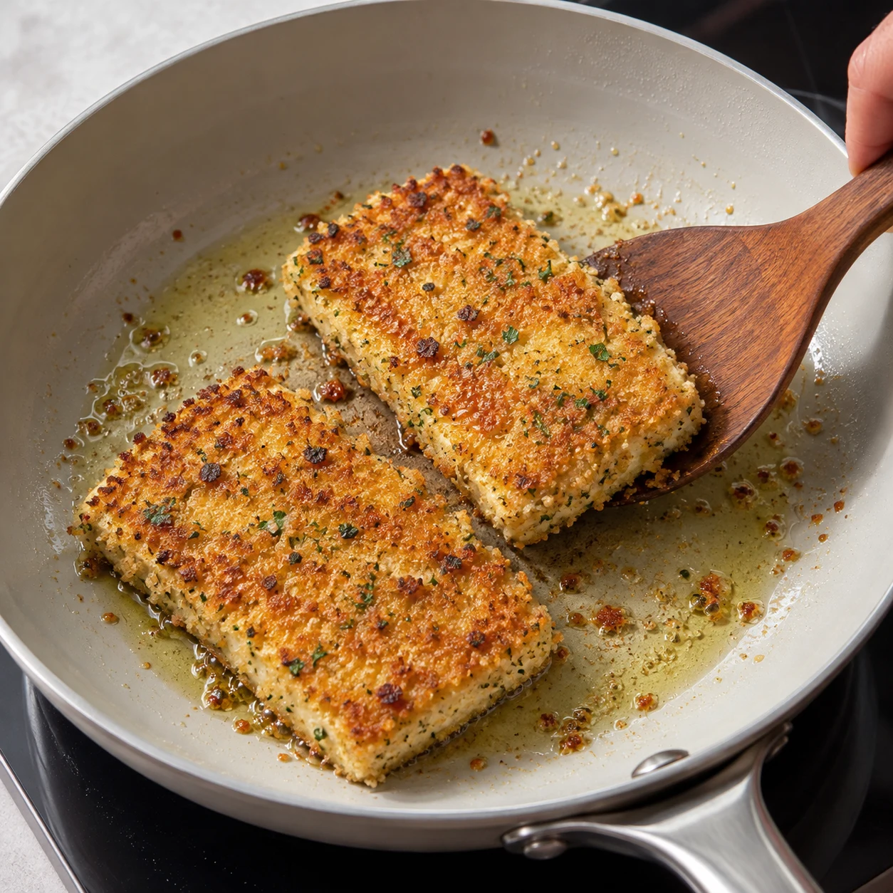 Tofu pané doré dans la poêle, retournement à la spatule et fine couche d’huile.