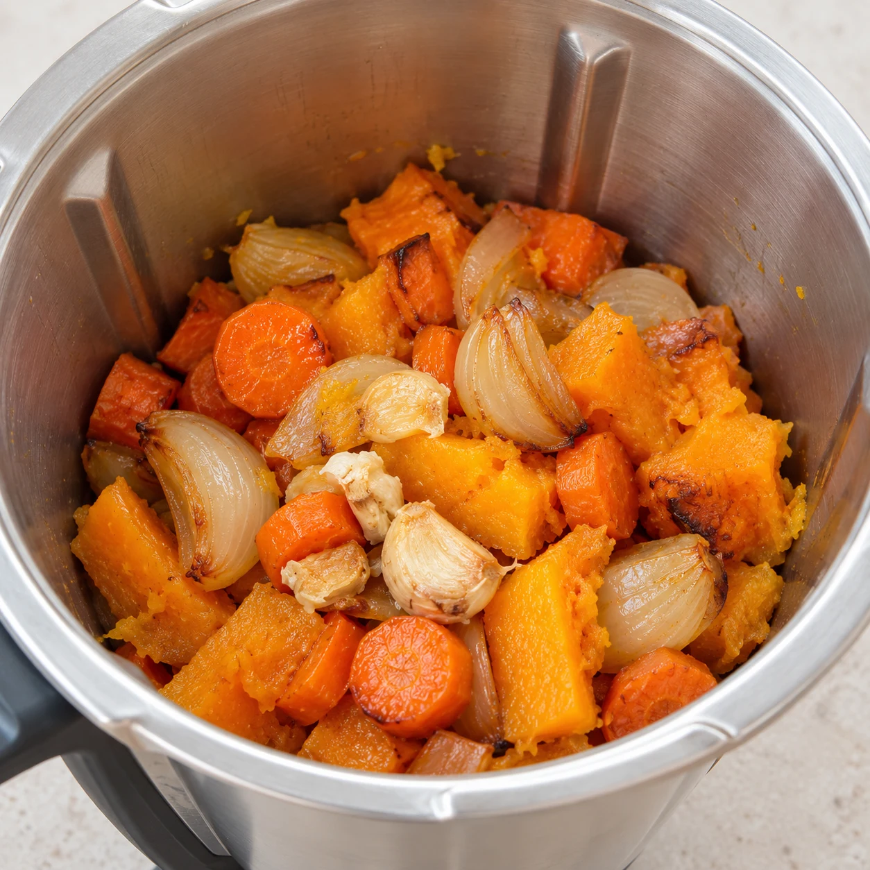 Ajoutez les carottes, l’oignon et la pulpe d’ail rôti dans le mixeur avec la chair de butternut. Montrer une seule phase et uniquement les ingrédients cités.