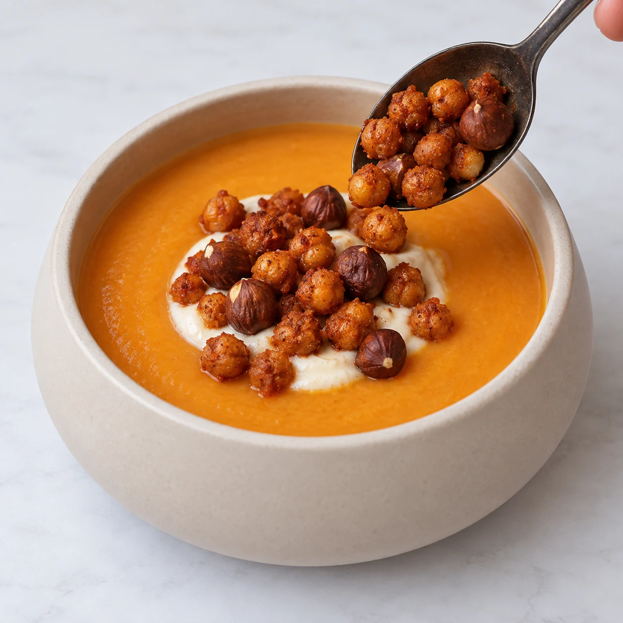 Ajouter les toppings croustillants : Les pois chiches et les noisettes sont visibles sur la crème.