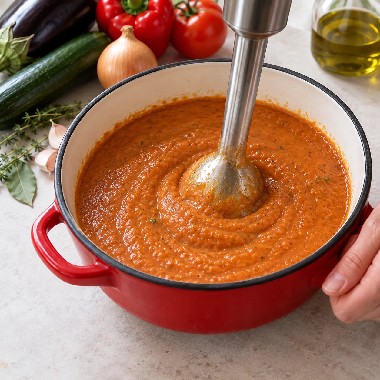 Mixer le confit : Le confit forme une sauce épaisse et onctueuse, sans gros morceaux.