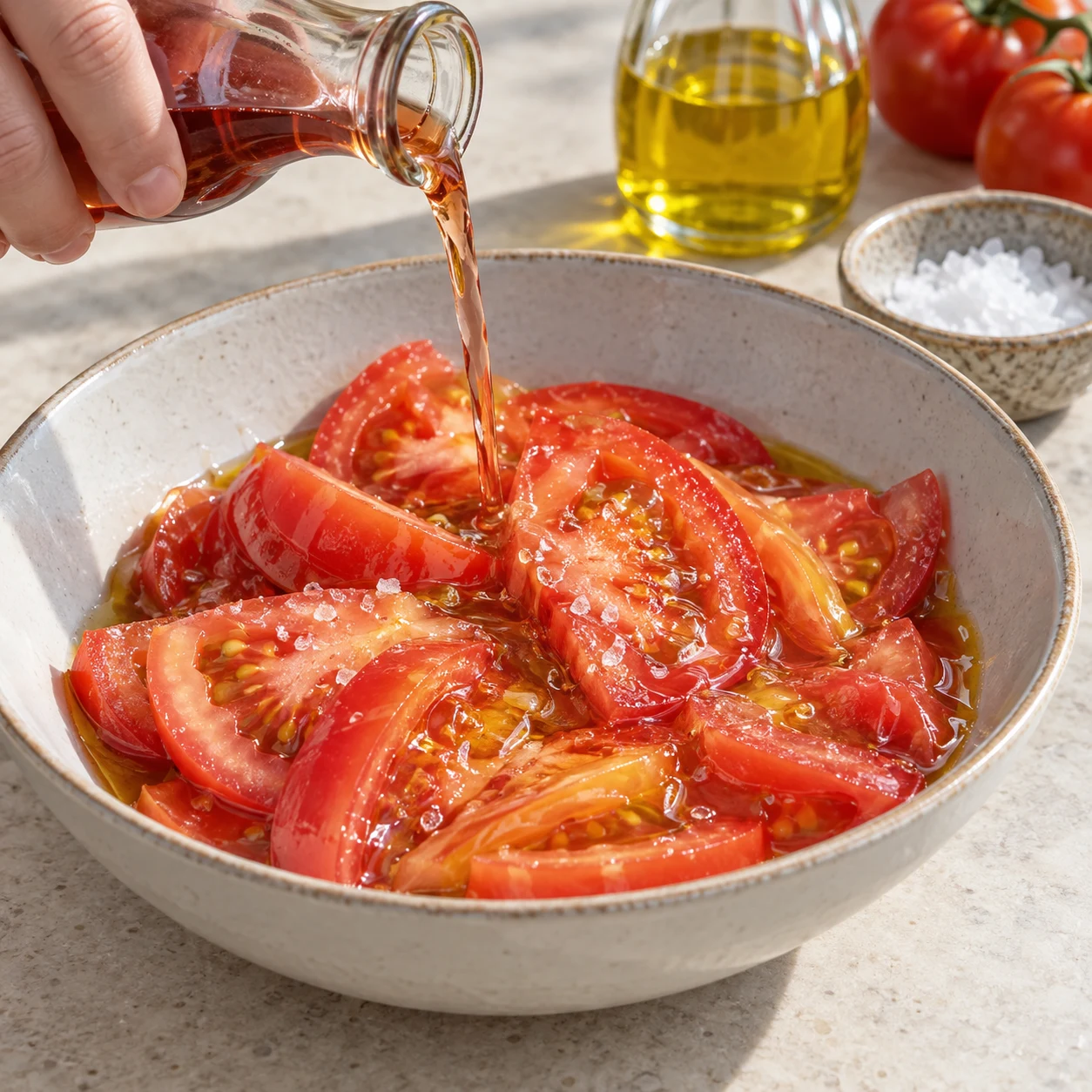 Les tomates seules dans leur jus assaisonné de sel, huile et vinaigre ; main versant le vinaigre.