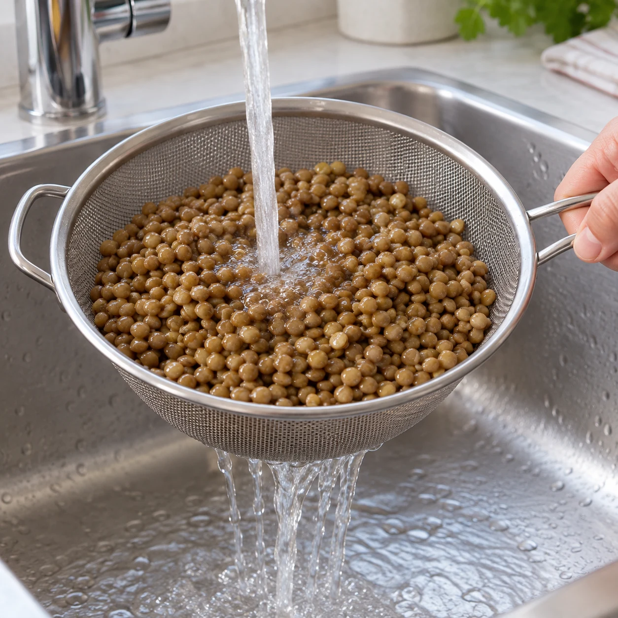 Rince les lentilles en conserve dans une passoire fine, comme indiqué dans l’astuce de la recette d’origine. Les 500 g correspondent au poids égoutté. Montrer : L’eau qui traverse la passoire est claire. Aucun poisson.