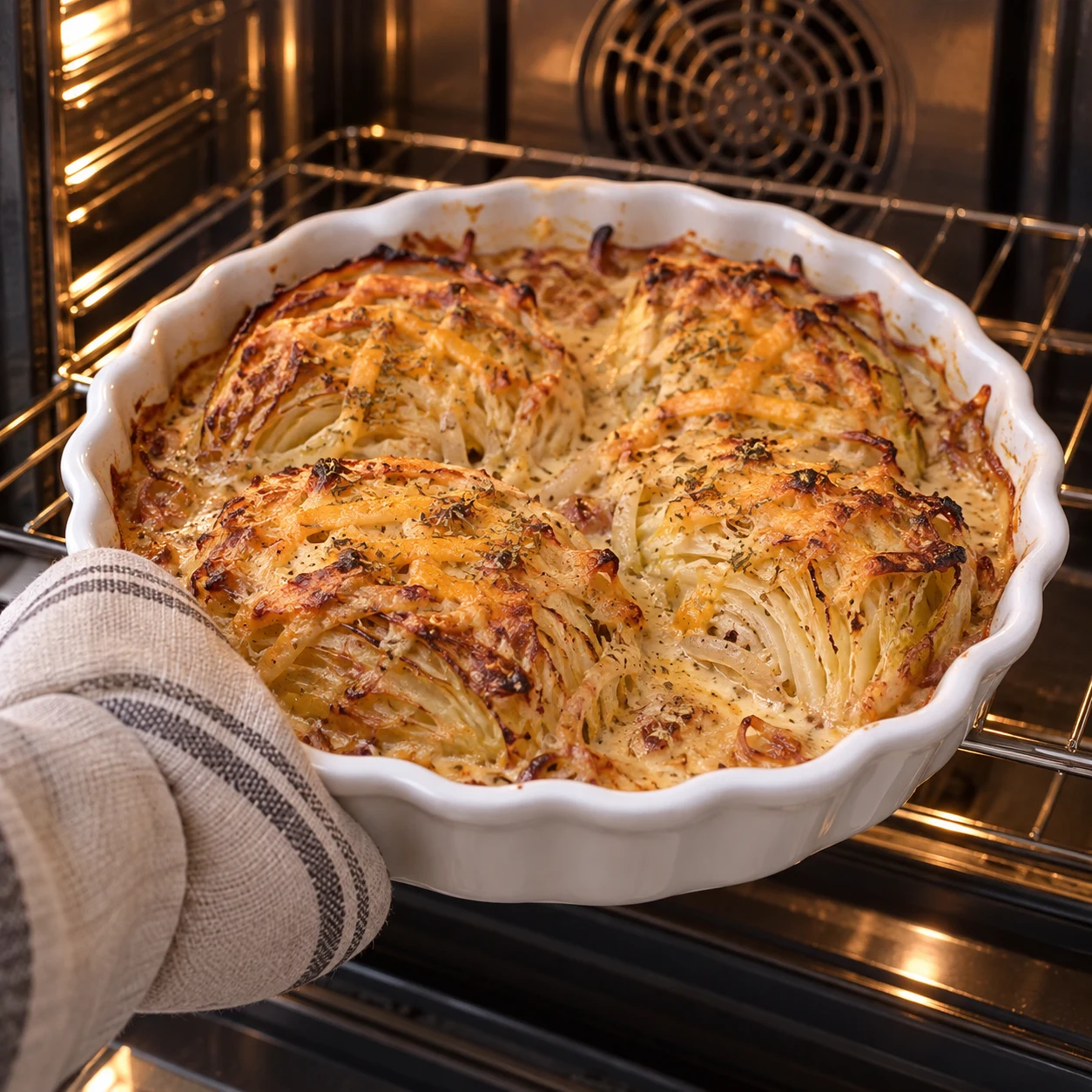 Enfournez le plat dans le four déjà chaud à 180 °C, à chaleur tournante, pendant 35 minutes. Vérifiez que le chou est fondant et que la garniture végétale a fondu ; sa coloration peut différer de celle des fromages laitiers.