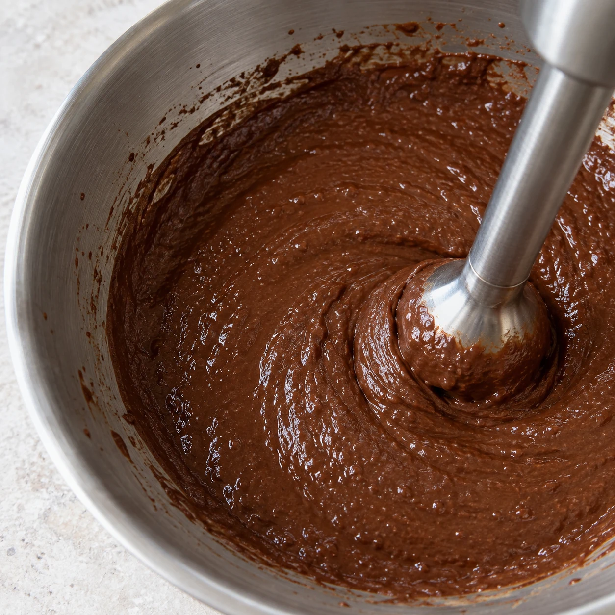 Mixeur plongeant dans une pâte lentilles-chocolat homogène. Chocolat noir à 70 %, couleur sombre ; adaptation documentée de la source.