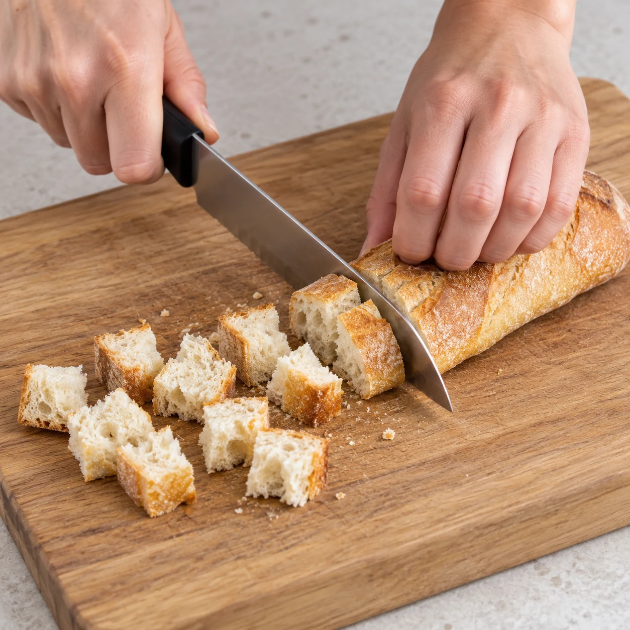 Découpe du quart de baguette cuite en dés, sur une planche stable. Une seule action, doigts repliés et lame éloignée des doigts.
