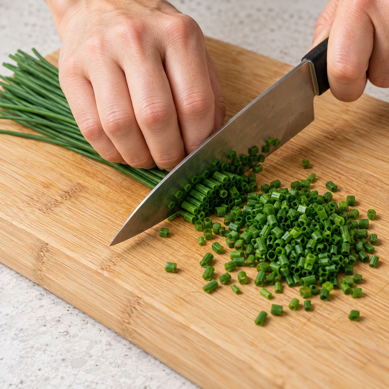 Coupe active d’une petite botte de ciboulette fraîche, petits tronçons verts, main en griffe et couteau sûr.