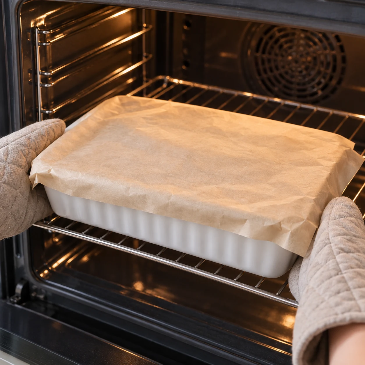 Couvrez le plat avec du papier sulfurisé et enfournez à 190 °C pendant les 30 premières minutes des 45 minutes de cuisson annoncées. Gardez le papier éloigné des résistances. Montrer seulement cet état, sans personne identifiable, visage, texte, logo ni ingrédient futur.
