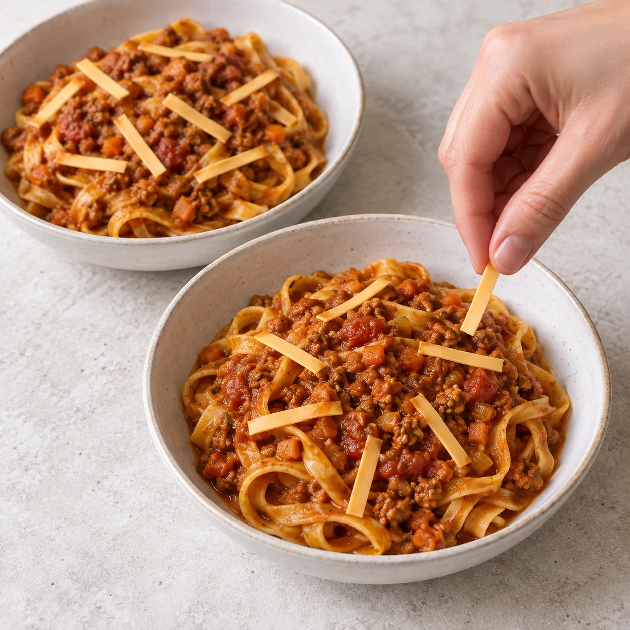 Main anonyme parsemant des lanières fines de tranchettes végétales couleur cheddar clair sur tagliatelles bolognaises, aucune garniture de parmesan.