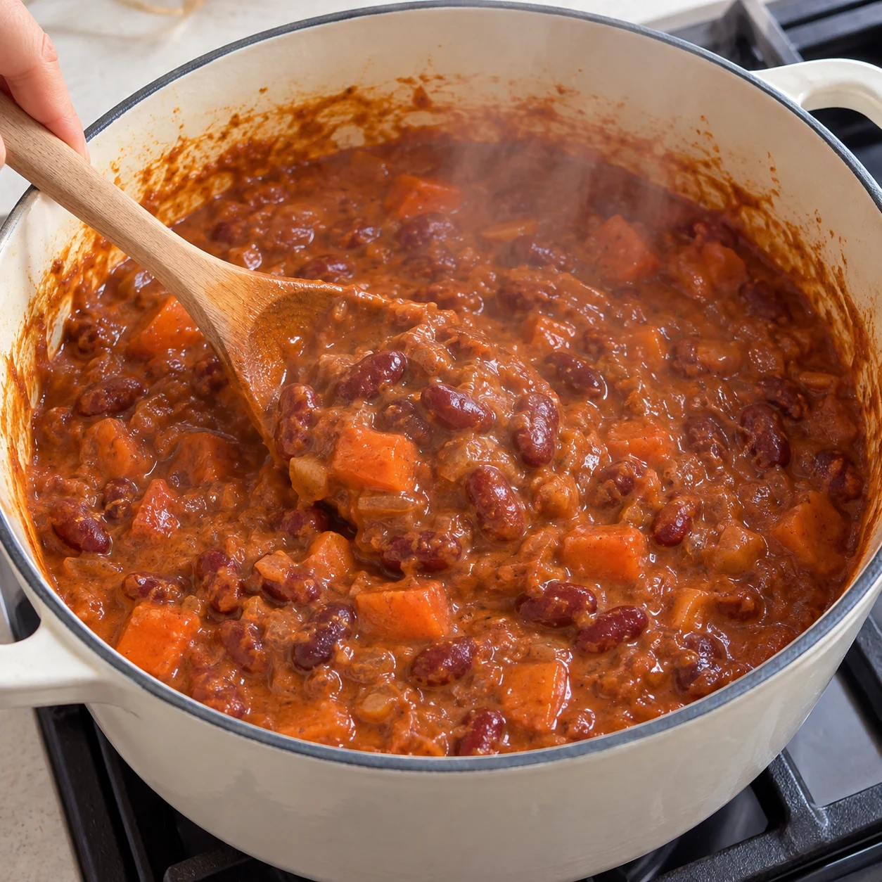 Une photographie carrée : Laisse mijoter à feu doux au moins 20 minutes, comme le précise la recette d’origine, jusqu’à une texture crémeuse. Résultat : La sauce est épaisse et crémeuse ; la carotte est tendre.. Aucun ingrédient futur. Le Cayenne remplace le piment fumé original ; pas de piment fumé ajouté.
