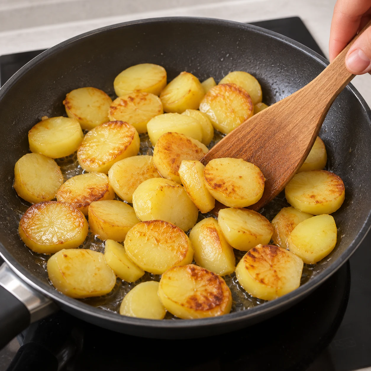 Dorer les pommes de terre : Faites dorer les rondelles de pommes de terre dans la poêle en les retournant délicatement. Résultat : Les rondelles ont des faces dorées et restent entières.