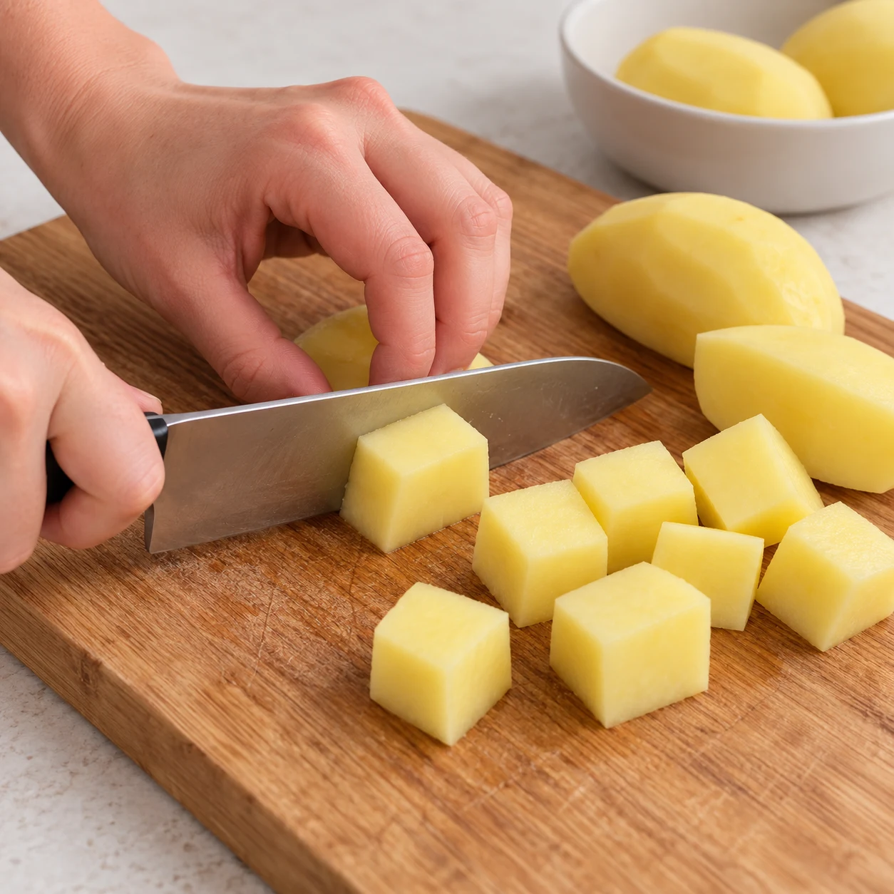 Pomme de terre jaune coupée en cubes au couteau sur une planche en bois, main en griffe.