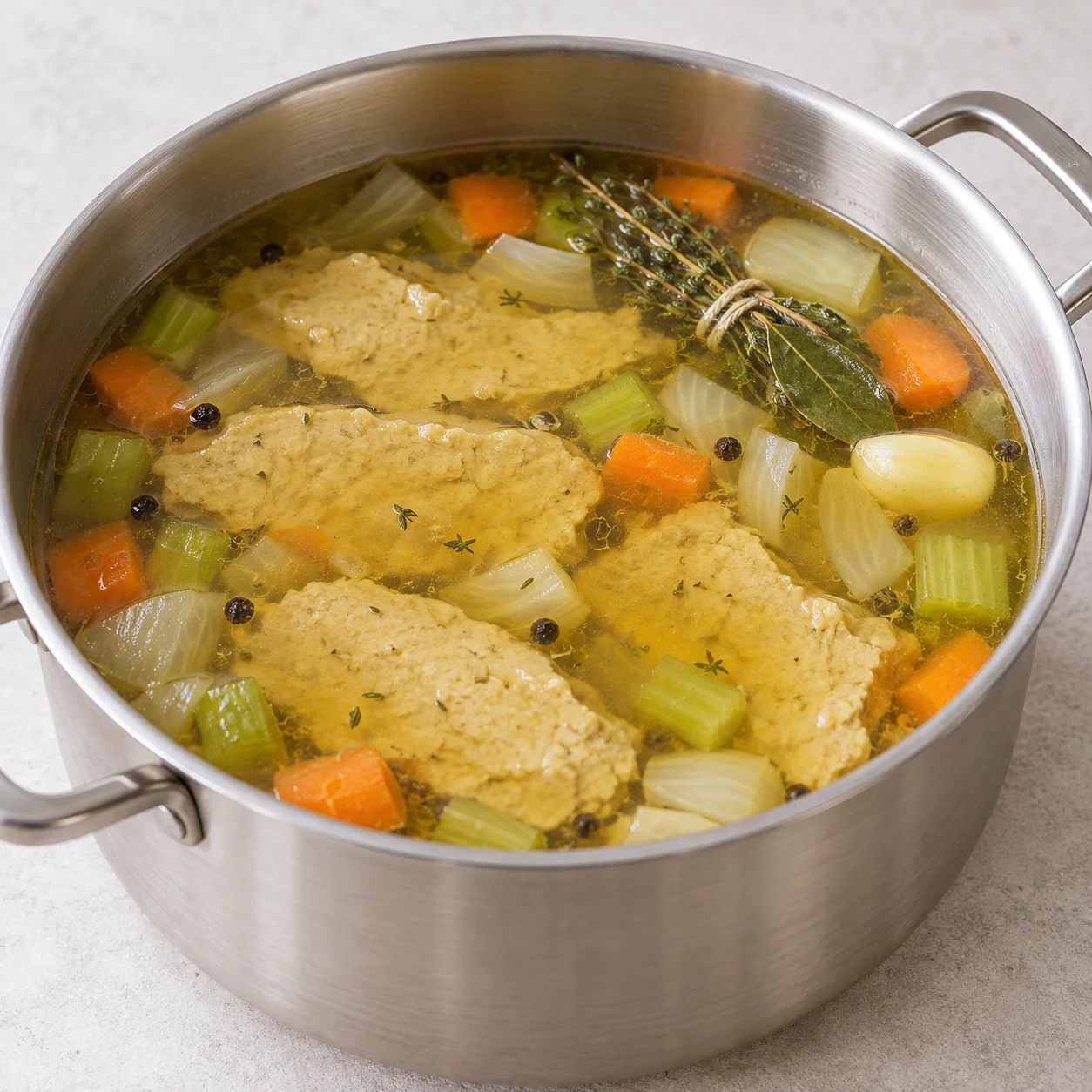 Infuser les escalopes : Les escalopes ont été immergées dans le bouillon aromatisé hors du feu.