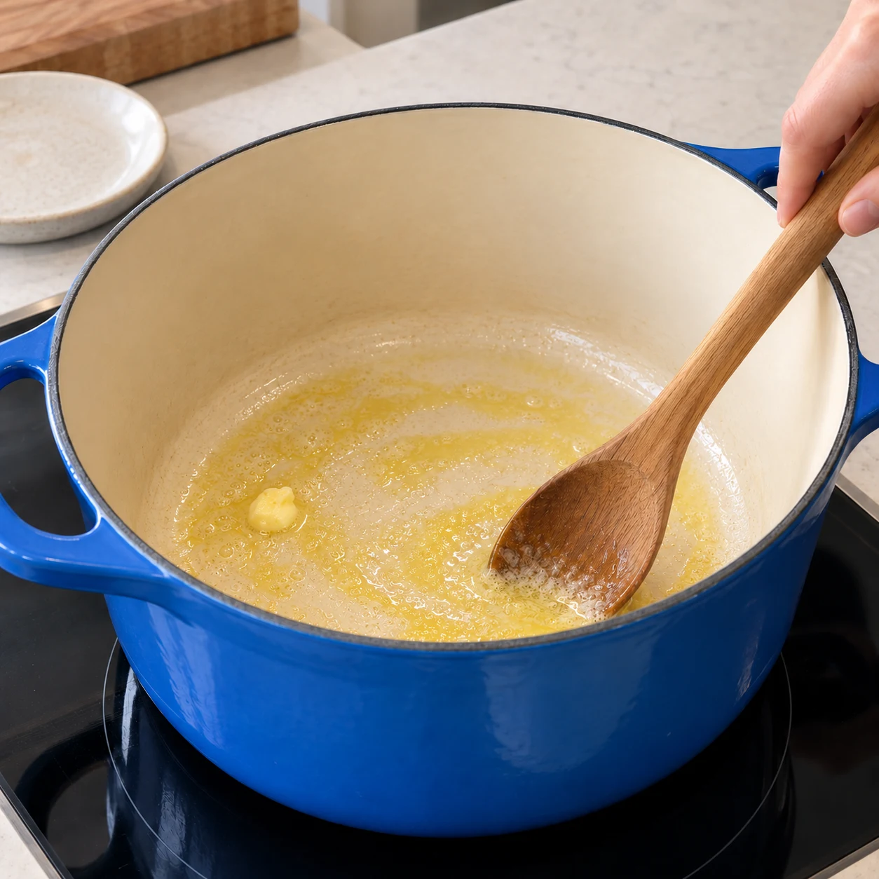 Margarine fondant dans une cocotte émaillée bleue, sans autre ingrédient.