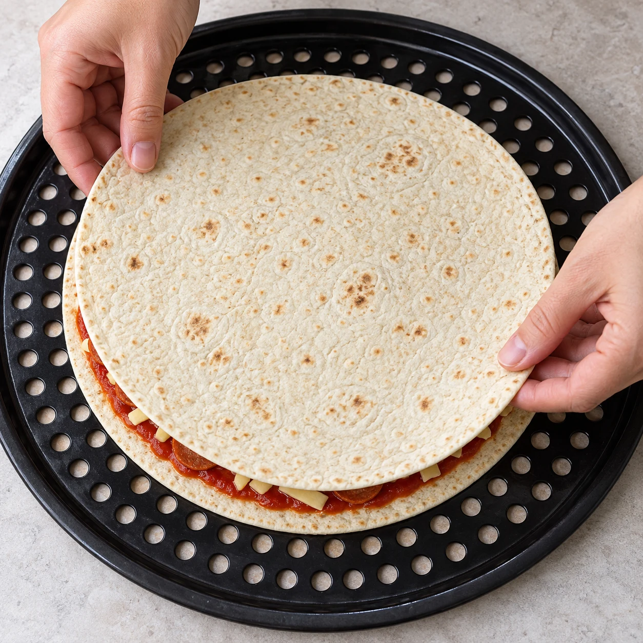 Main déposant une seconde tortilla crue au-dessus de la garniture du premier étage ; surface supérieure encore nue.