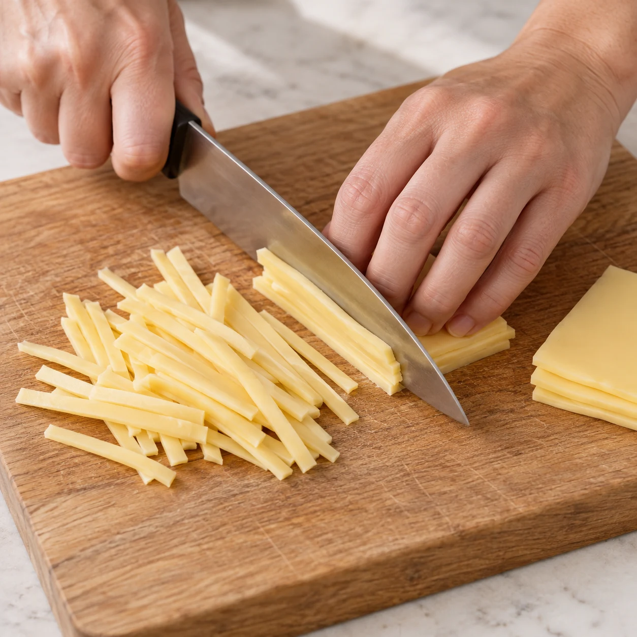 Des mains adultes anonymes découpent des tranchettes végétales jaune pâle en fines lanières, sur une planche stable, doigts en griffe. Aucun parmesan, râpe ou emballage.
