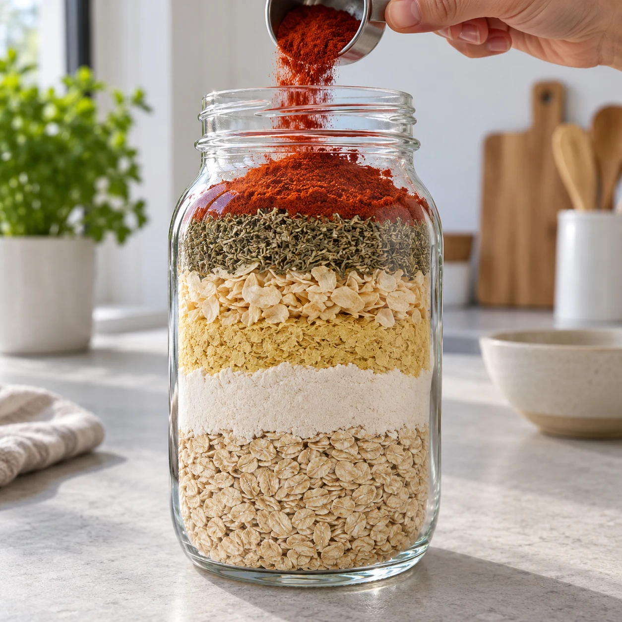 Grand bocal en verre rempli en couches de flocons d’avoine, farine blanche, paillettes de levure, herbes séchées et paprika rouge, une main verse une dernière cuillère d’épices.