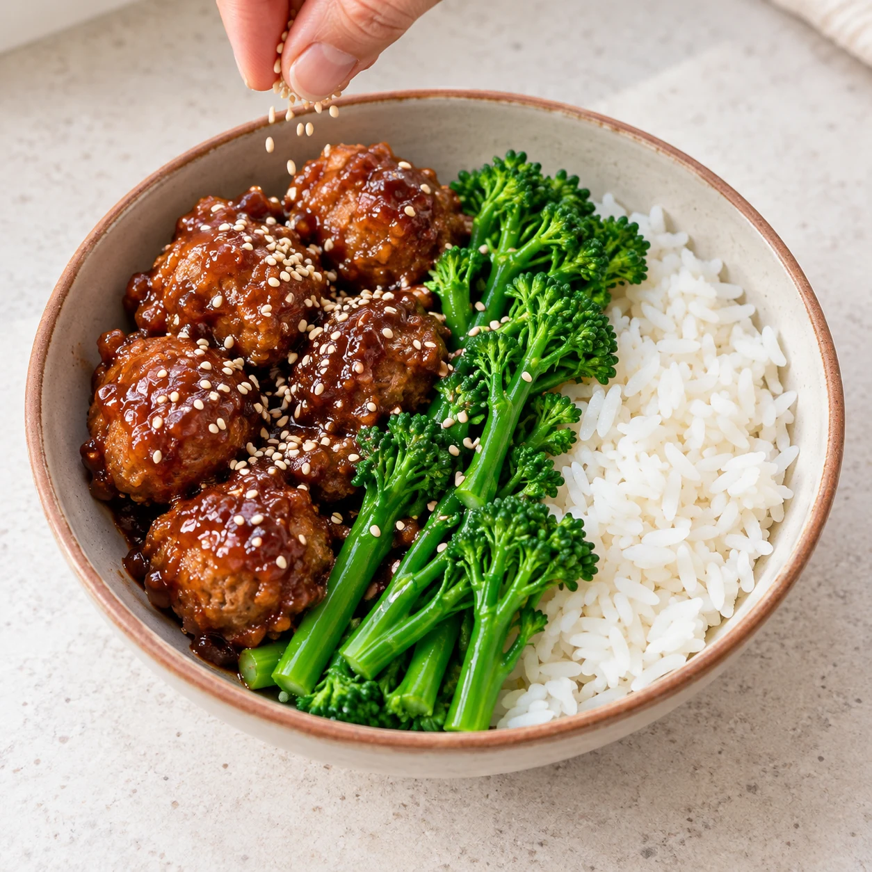 Servez les boulettes et leur sauce bien chaudes avec du riz chaud, du broccolini vapeur et des graines de sésame.