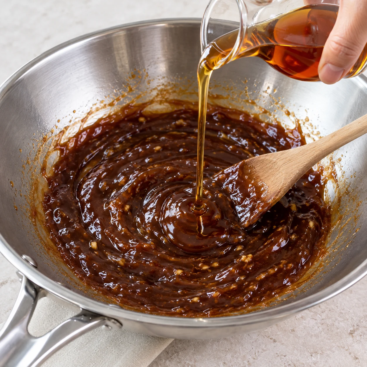 Sirop d’érable ambré coulé depuis une petite carafe neutre dans la sauce brune épaisse, wok hors feu. Aucun miel ni cuillère à miel.