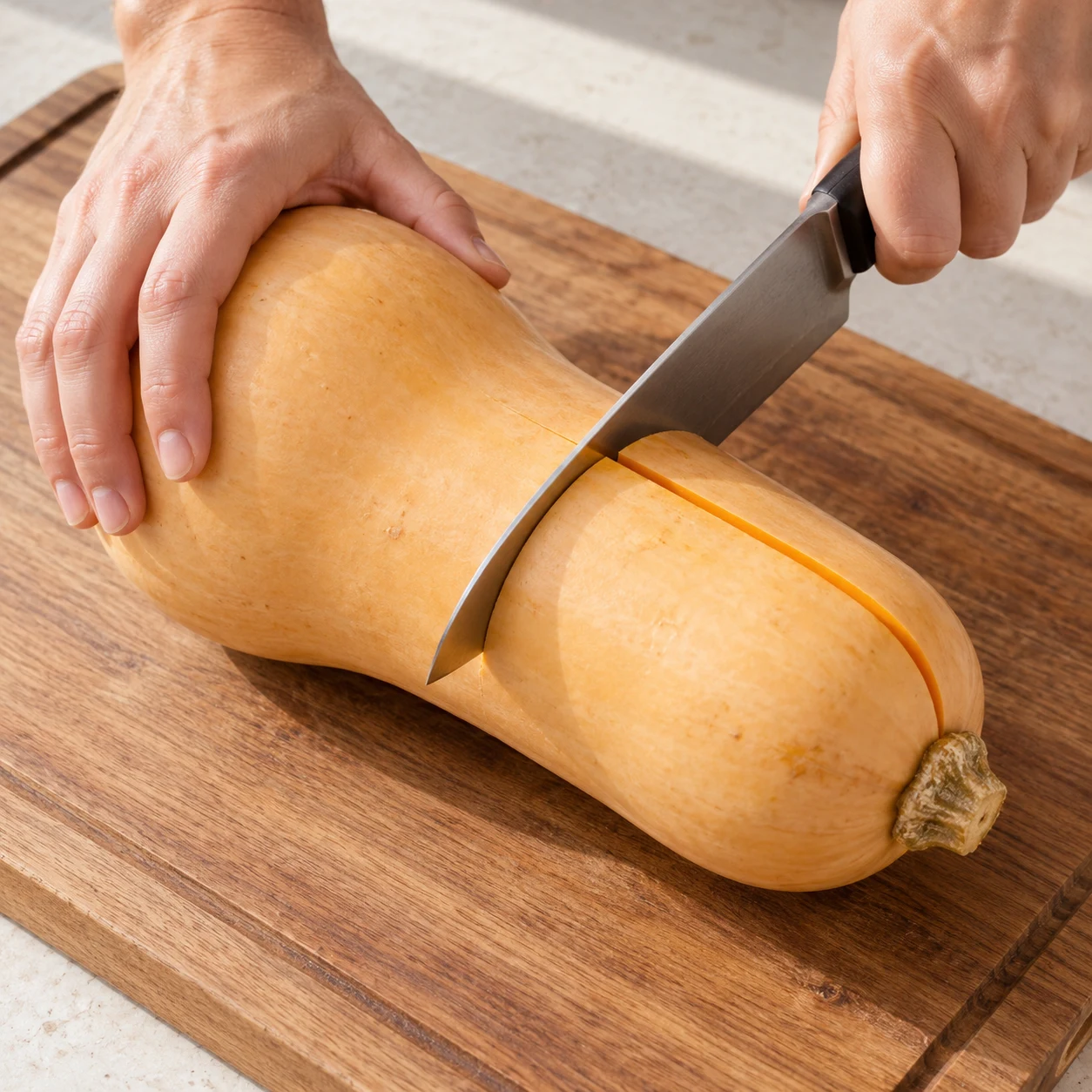 Pose la courge bien stable sur une planche et coupe-la en deux dans la longueur. Garde la main qui la maintient hors du trajet de la lame.