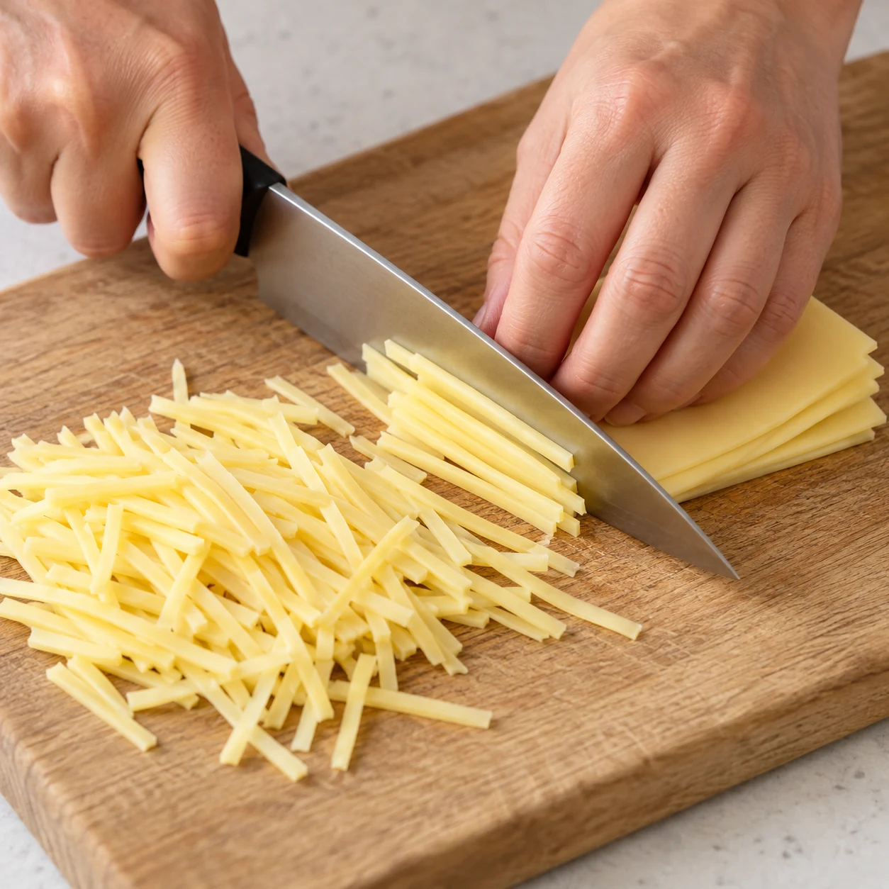 Une seule photo pédagogique : des mains anonymes coupent des tranches végétales jaune pâle en fines lanières sur une planche. Aucun fromage laitier ni emballage.
