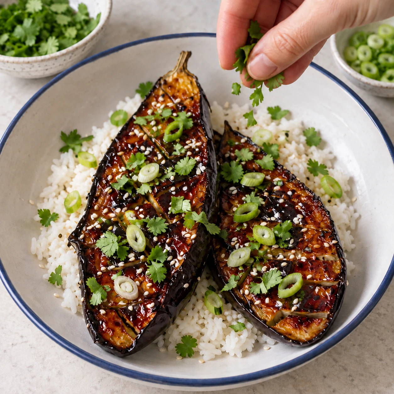 Deux moitiés d’aubergine rôtie à la sauce soja et agave sur riz blanc, petites graines de sésame, coriandre fraîche et rondelles d’oignon nouveau.