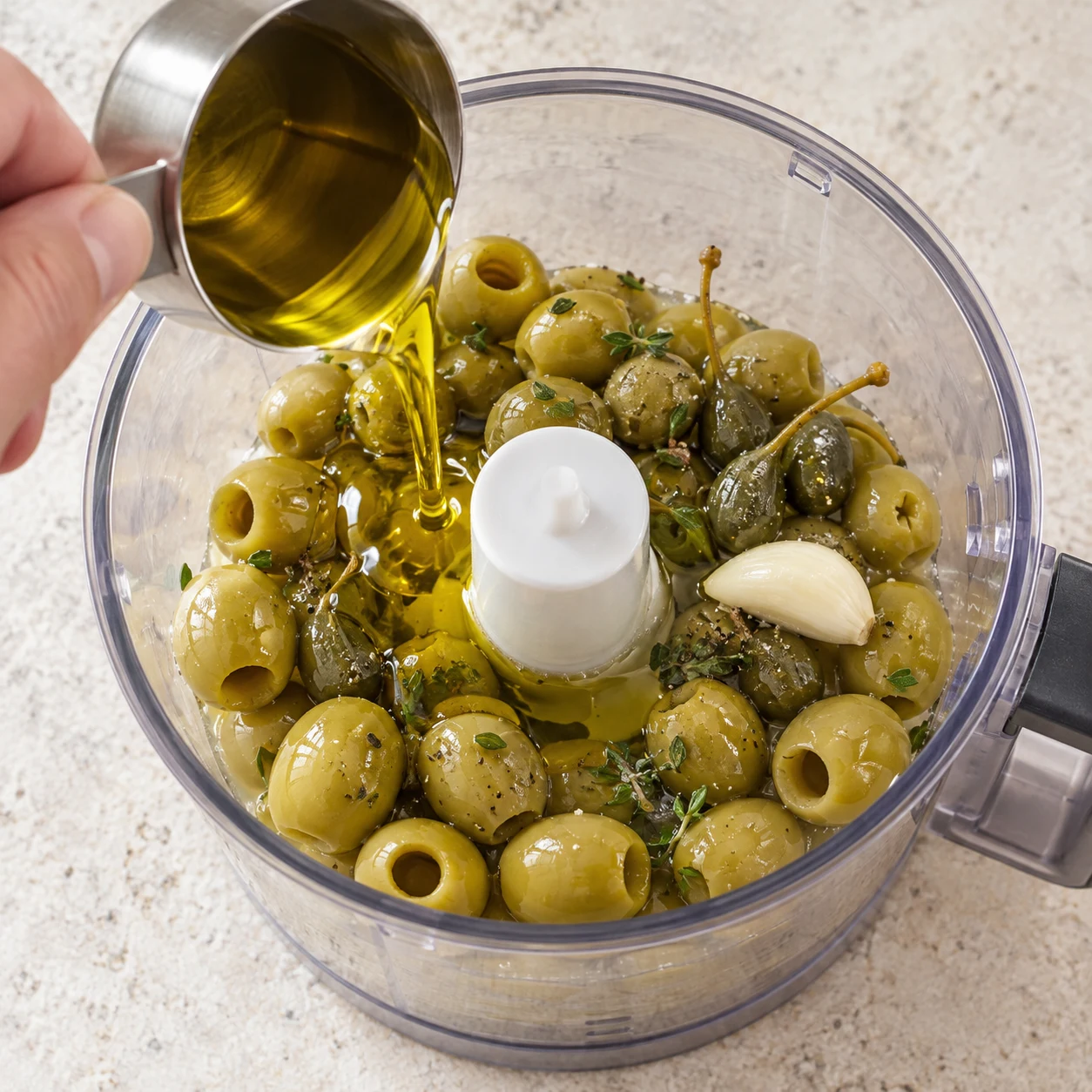 Une main anonyme verse 60 ml d’huile d’olive dorée d’une petite mesure métallique sans inscriptions dans le bol transparent contenant les olives, les câpres, l’ail, le thym et le jus de citron.