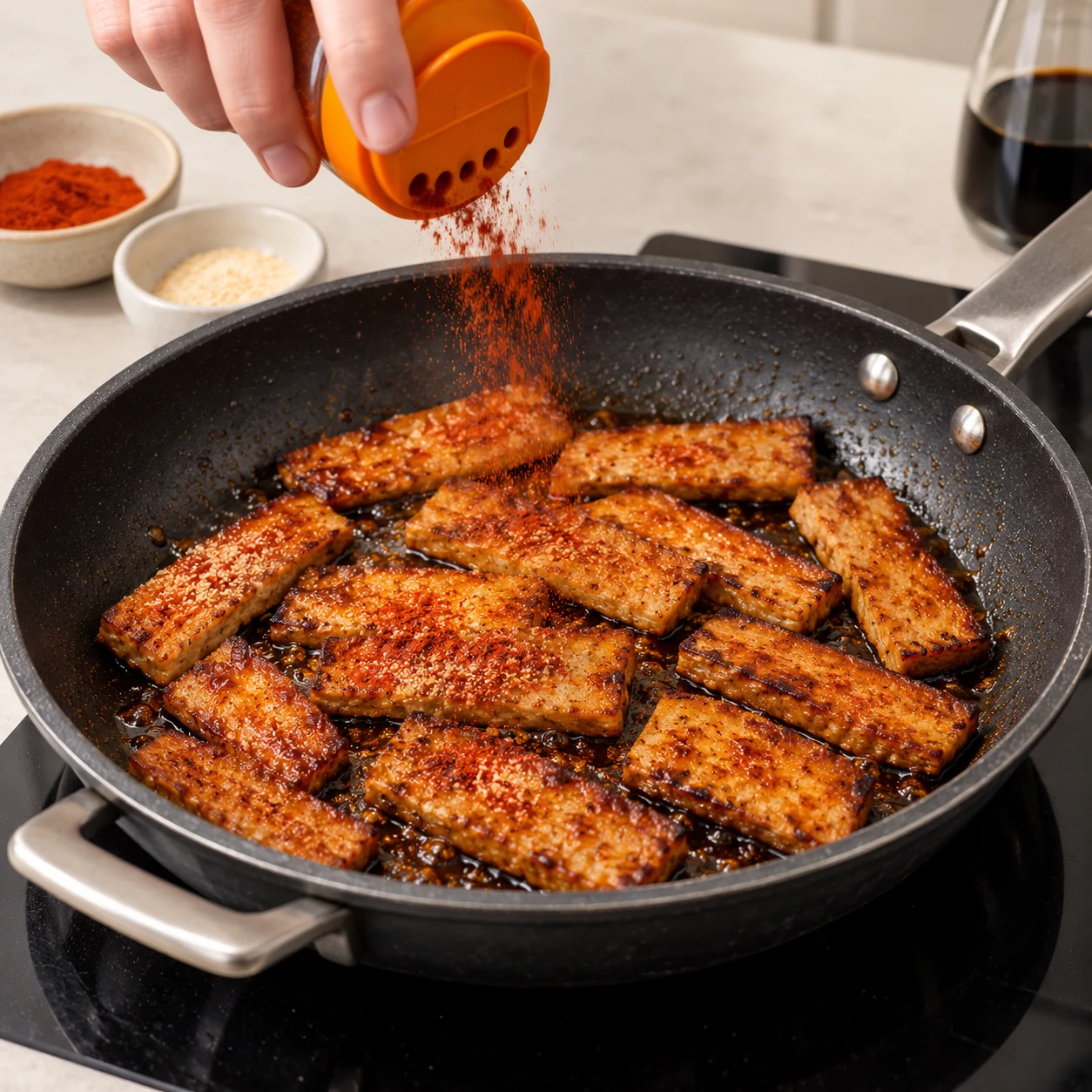 Poêle noire remplie de lamelles de steak végétal dorées et laquées orange cuivré, saupoudrées de paprika fumé, une main adulte anonyme saupoudrant les épices au-dessus.