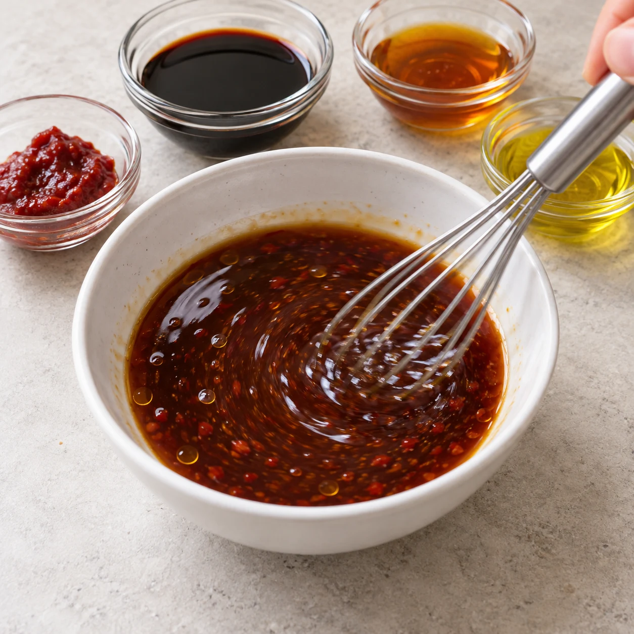Petit bol de sauce soja-érable avec purée de piment et huile d’olive ; sans pâte fermentée.