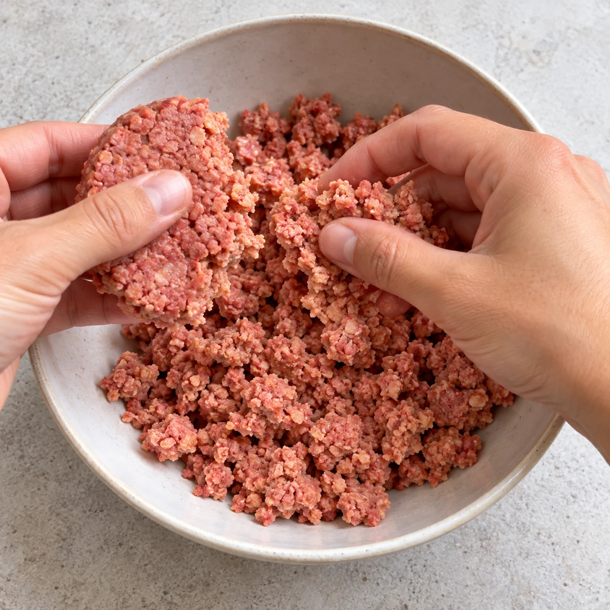 Mains adultes anonymes émiettant des steaks végétaux rosés humides dans un bol, sans poudre ni eau.