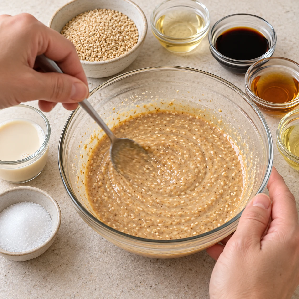 Cuillère mélangeant une sauce végétale beige granuleuse au sésame.