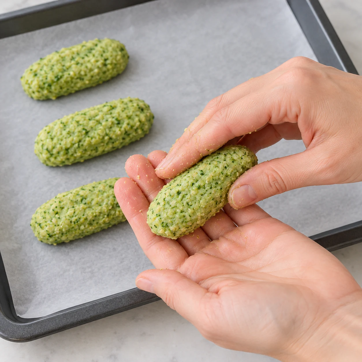 Avec la pâte, façonnez de petites croquettes allongées et déposez-les sur une plaque de cuisson. Montrer cette seule action et le résultat décrit, sans texte.