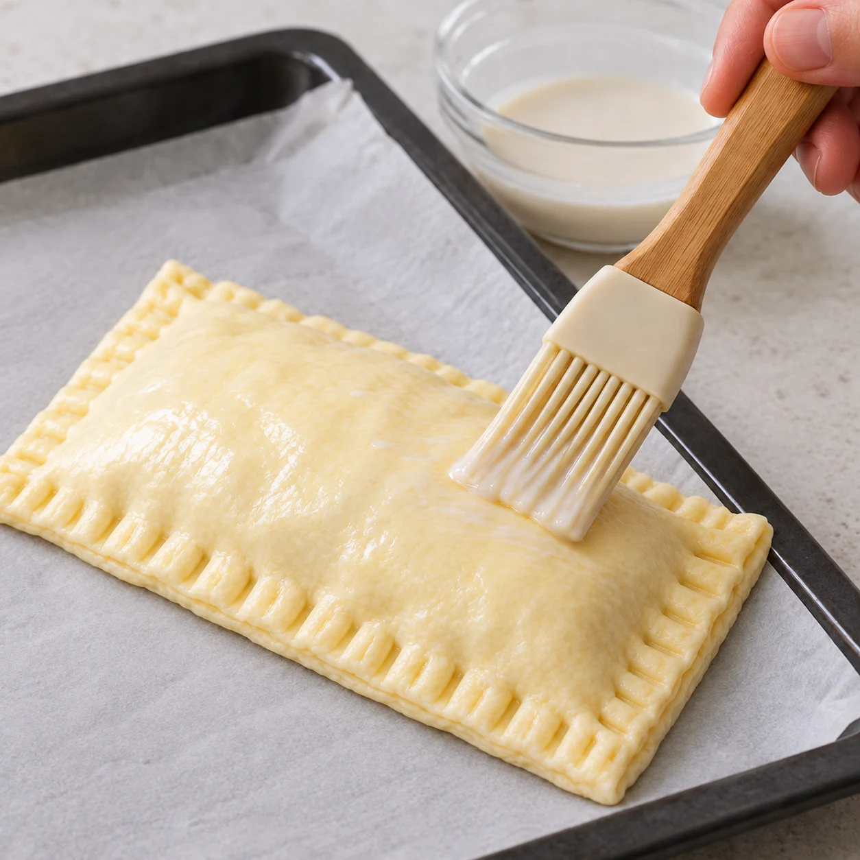 Si tu choisis la dorure optionnelle, badigeonne le dessus d’un peu de lait de soja. État visible : Le dessus porte une fine couche de lait de soja.