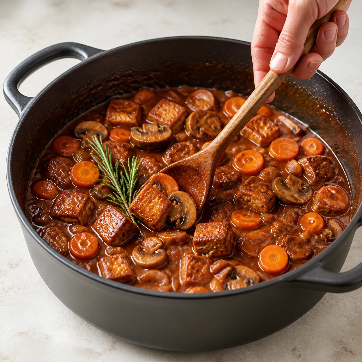 Cocotte de bourguignon vegan fini : sauce rouge épaisse, rondelles de carotte, champignons, cubes de tofu fumé et petite branche de romarin.
