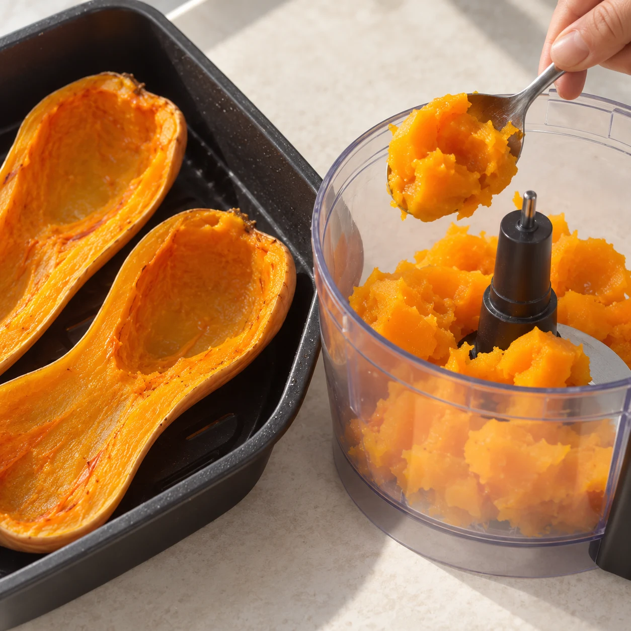 Prélève à la cuillère la chair de la courge cuite et mets-la dans le robot culinaire ; laisse la peau de côté.